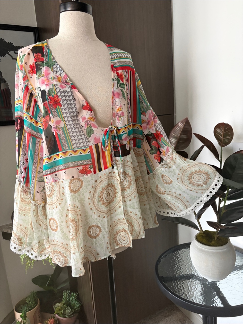 Cato Multicolor Floral & Paisley Tie-Front Tunic in Cream, Pink, Green, Red